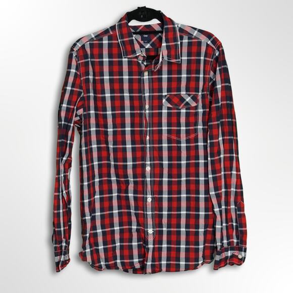 Men's Gap Red and Blue Plaid Button-Down Shirt - L - Picture 1 of 8